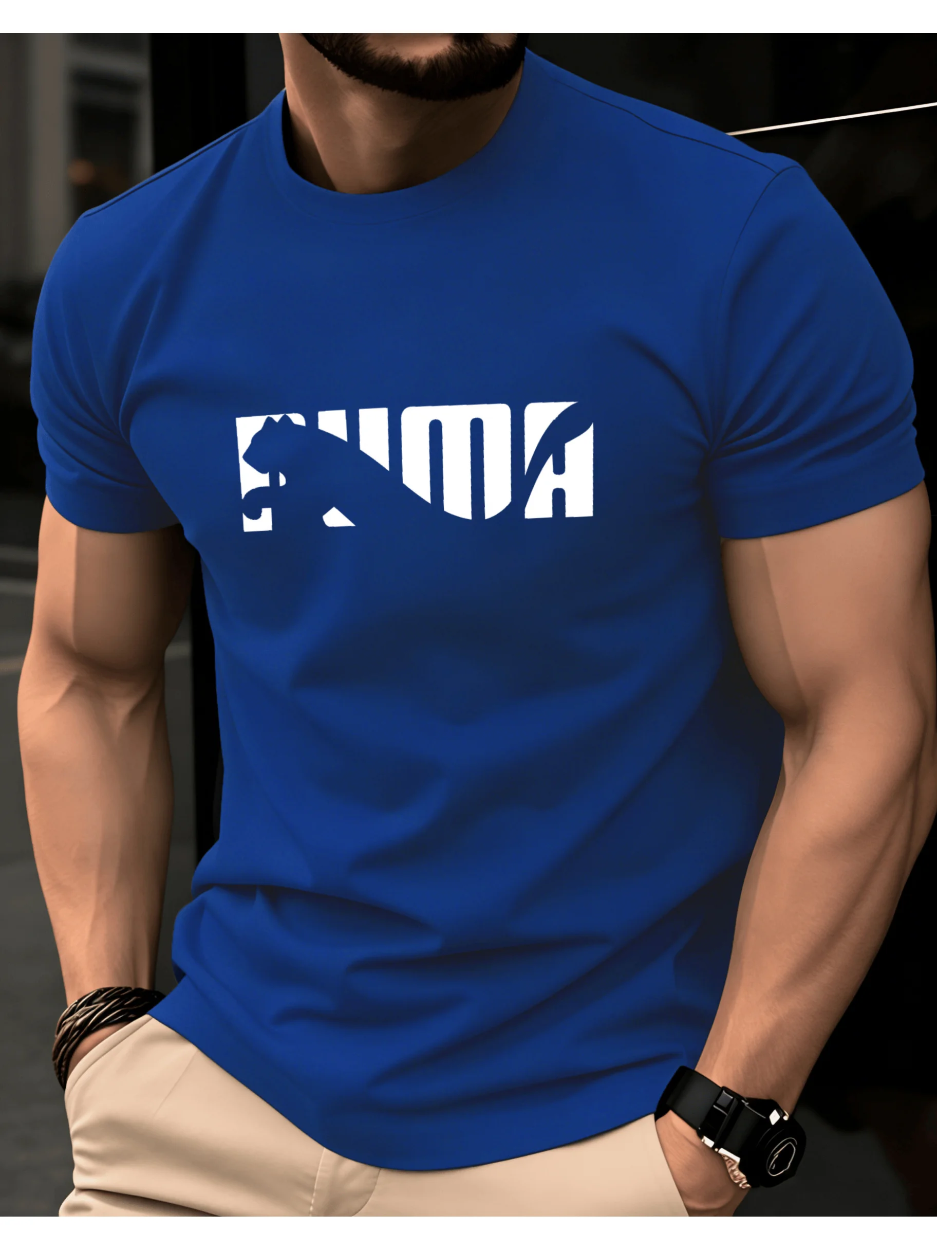 Men's Summer 100% Pure Cotton Casual Fashionable Loose Geometric Animal Letter Pattern Casual Round Neck Short Sleeved T-Shirt