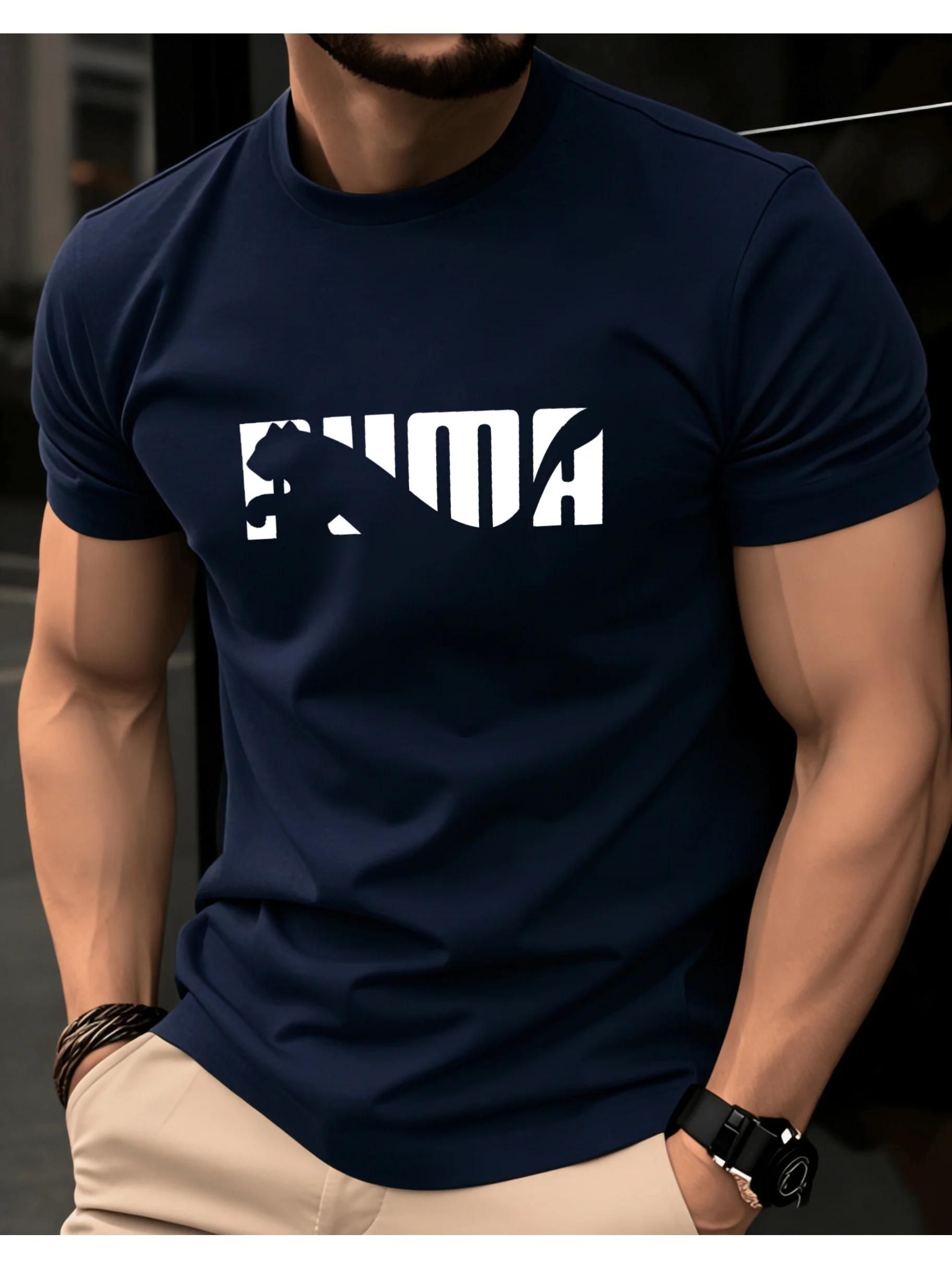 Men's Summer 100% Pure Cotton Casual Fashionable Loose Geometric Animal Letter Pattern Casual Round Neck Short Sleeved T-Shirt