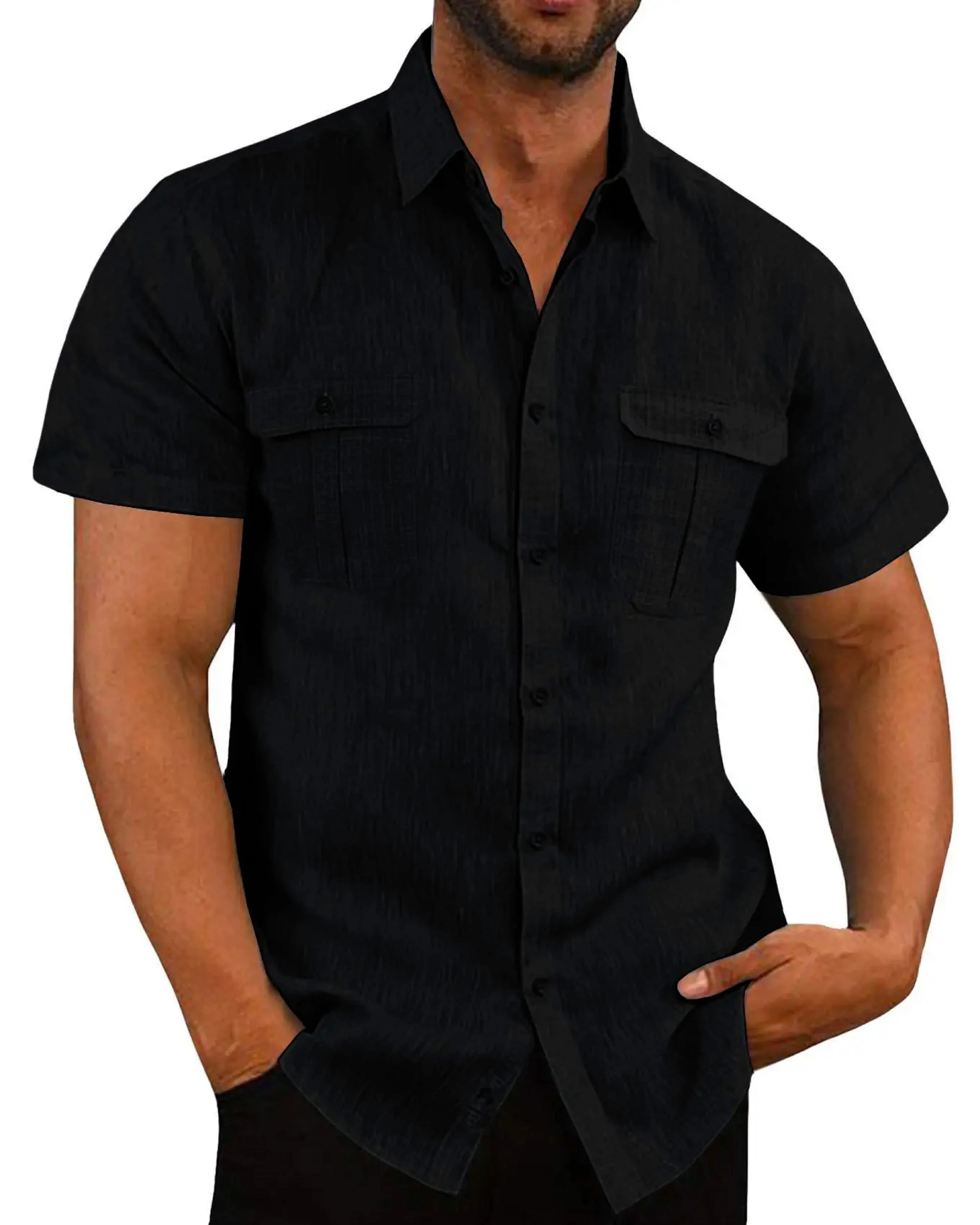 Summer Men's Solid Color Short-Sleeved Fashion Shirt with Two Chest Pockets, Outdoor Casual Men's Cardigan