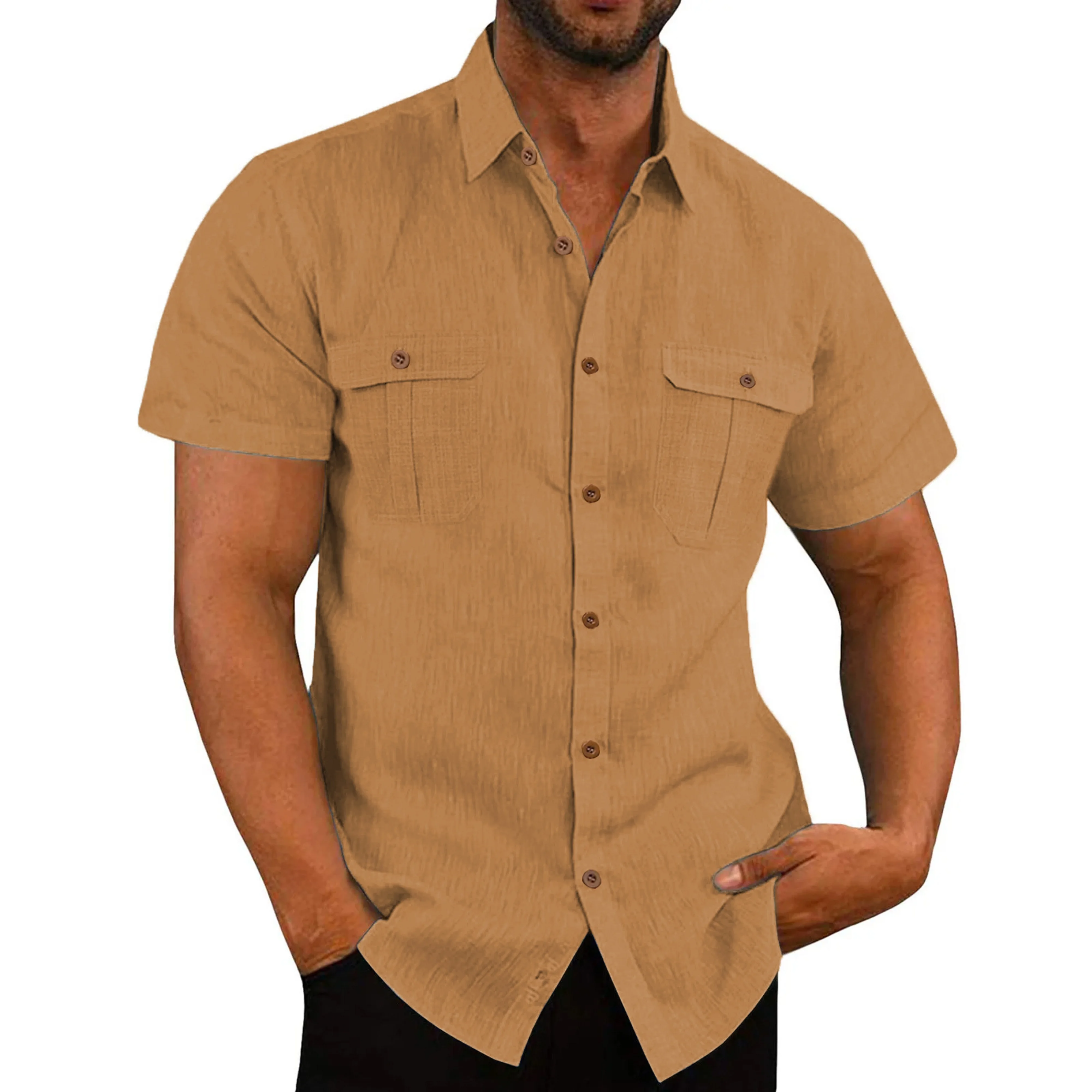 Summer Men's Solid Color Short-Sleeved Fashion Shirt with Two Chest Pockets, Outdoor Casual Men's Cardigan