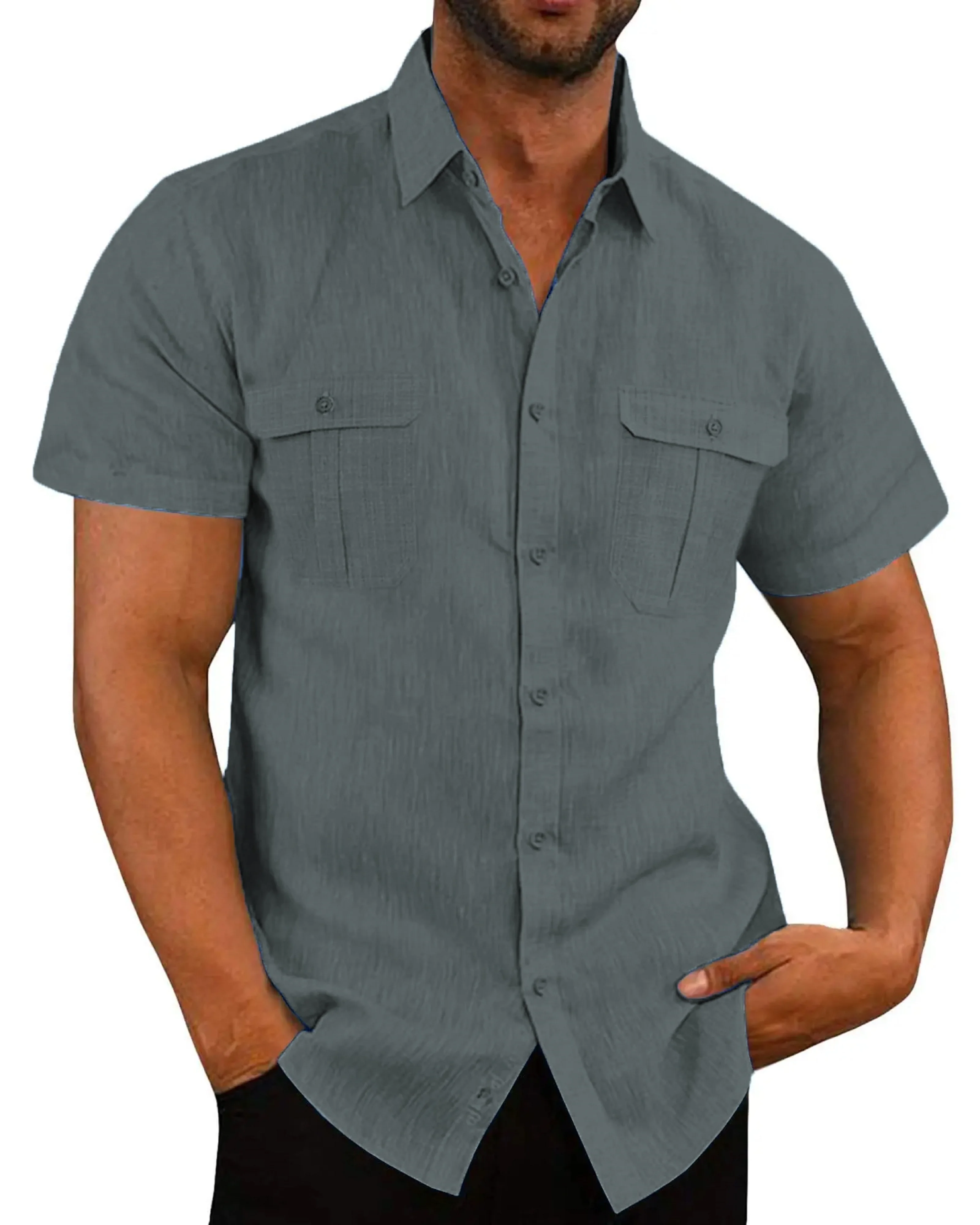 Summer Men's Solid Color Short-Sleeved Fashion Shirt with Two Chest Pockets, Outdoor Casual Men's Cardigan