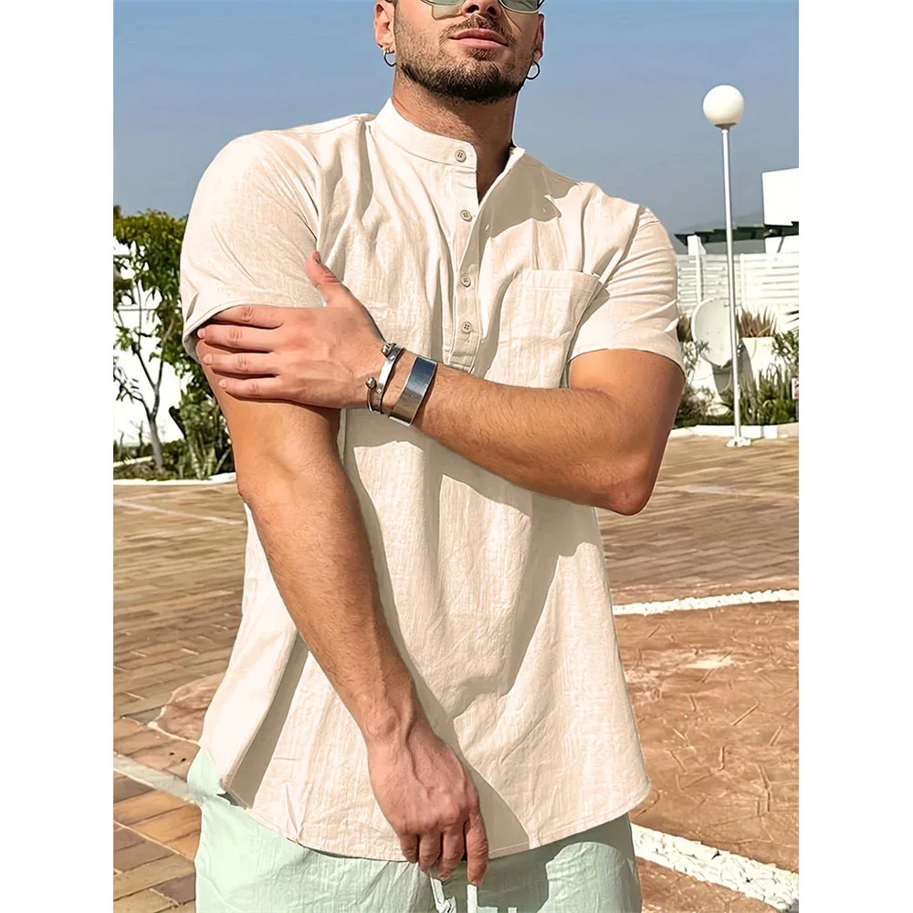 Summer Hot Sale Men's Cotton Linen T-shirt Henley Neck Casual Breathable Lightweight Solid Color Pocket Fashion Button Tops