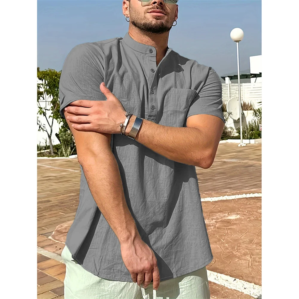 Summer Hot Sale Men's Cotton Linen T-shirt Henley Neck Casual Breathable Lightweight Solid Color Pocket Fashion Button Tops