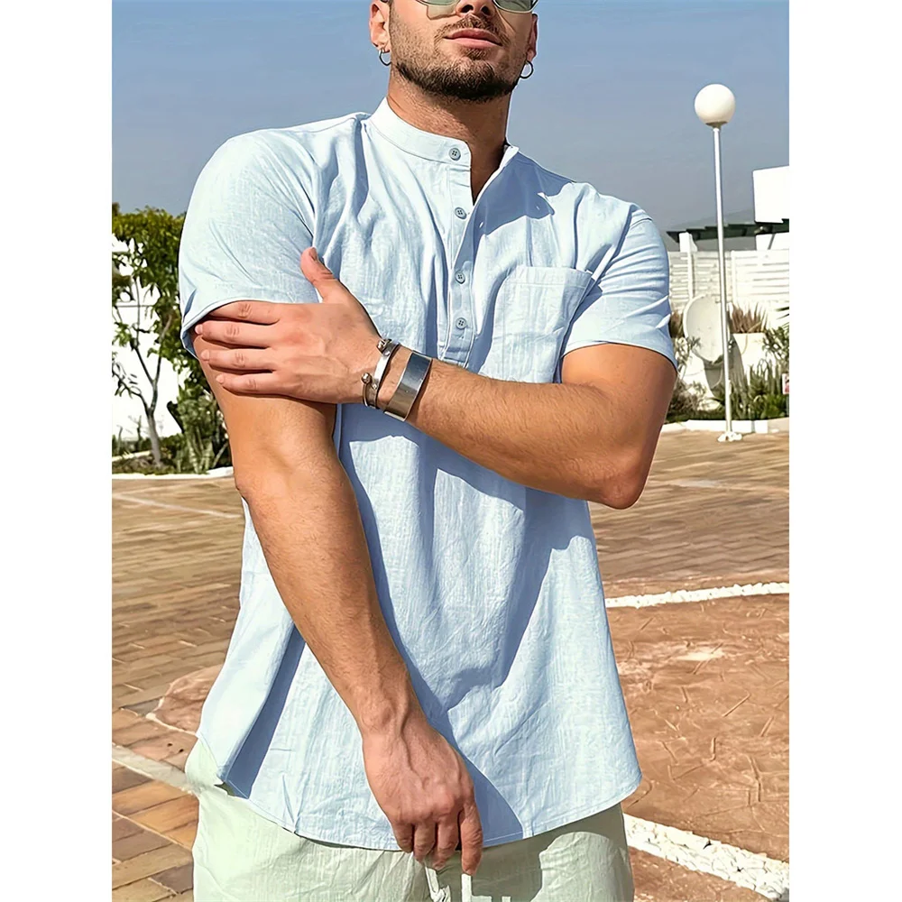 Summer Hot Sale Men's Cotton Linen T-shirt Henley Neck Casual Breathable Lightweight Solid Color Pocket Fashion Button Tops