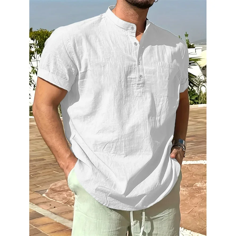 Summer Hot Sale Men's Cotton Linen T-shirt Henley Neck Casual Breathable Lightweight Solid Color Pocket Fashion Button Tops
