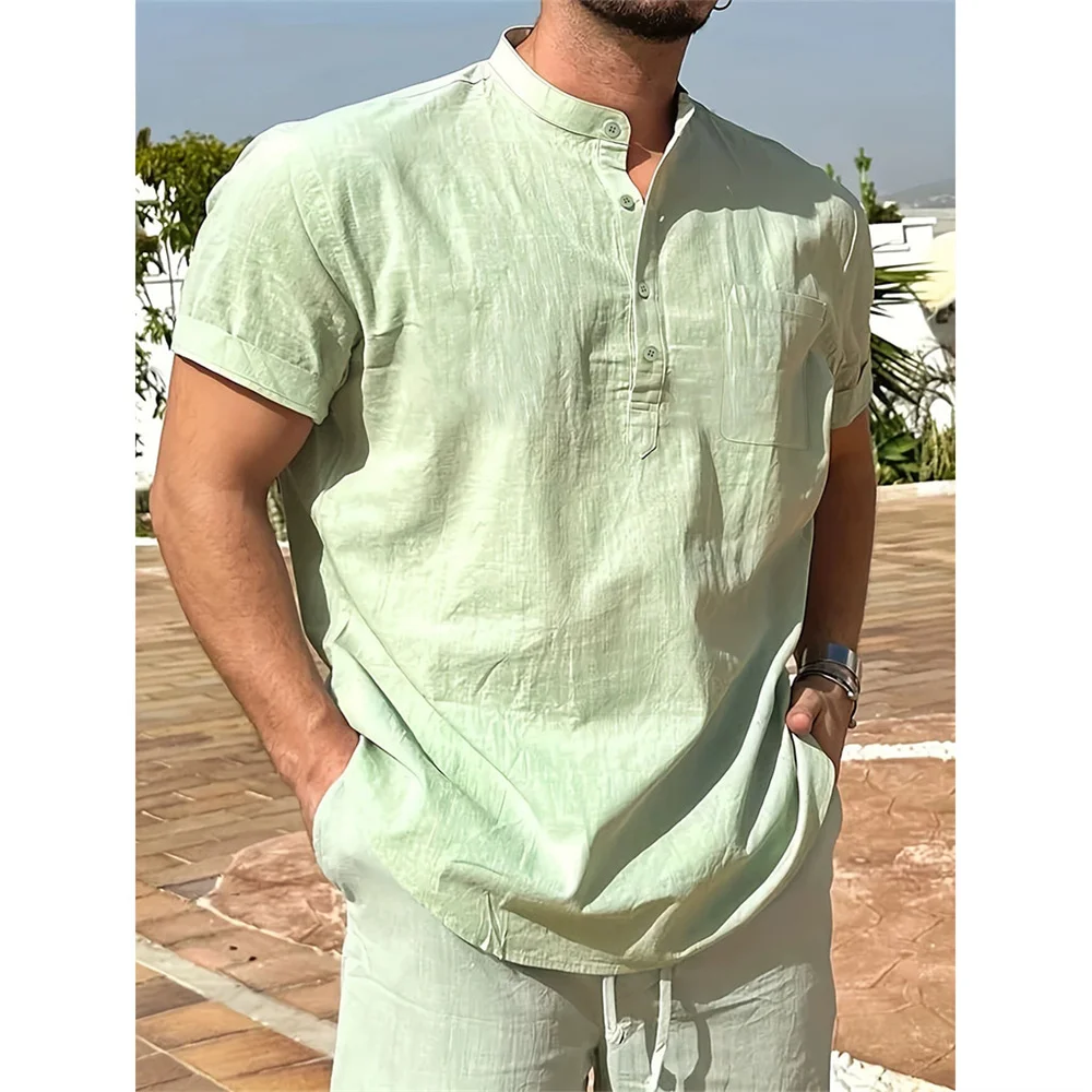 Summer Hot Sale Men's Cotton Linen T-shirt Henley Neck Casual Breathable Lightweight Solid Color Pocket Fashion Button Tops