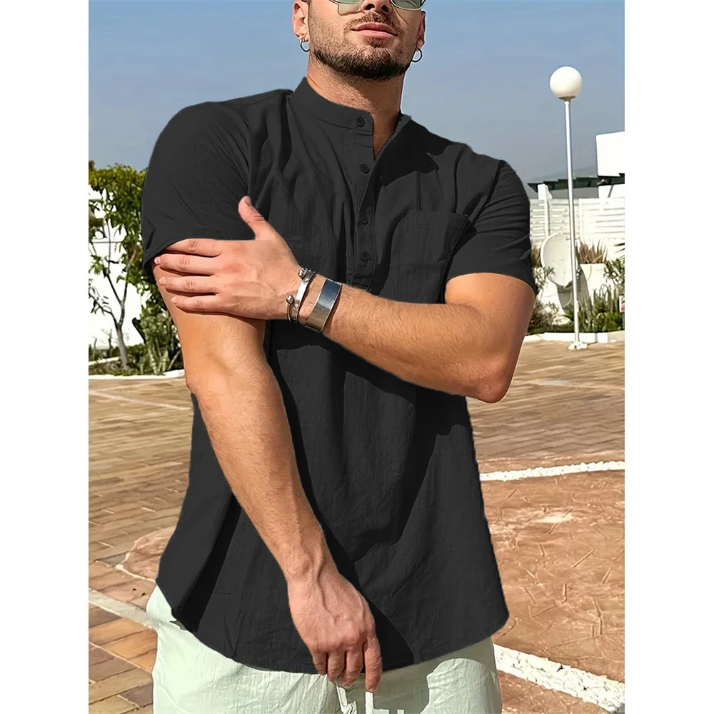 Summer Hot Sale Men's Cotton Linen T-shirt Henley Neck Casual Breathable Lightweight Solid Color Pocket Fashion Button Tops