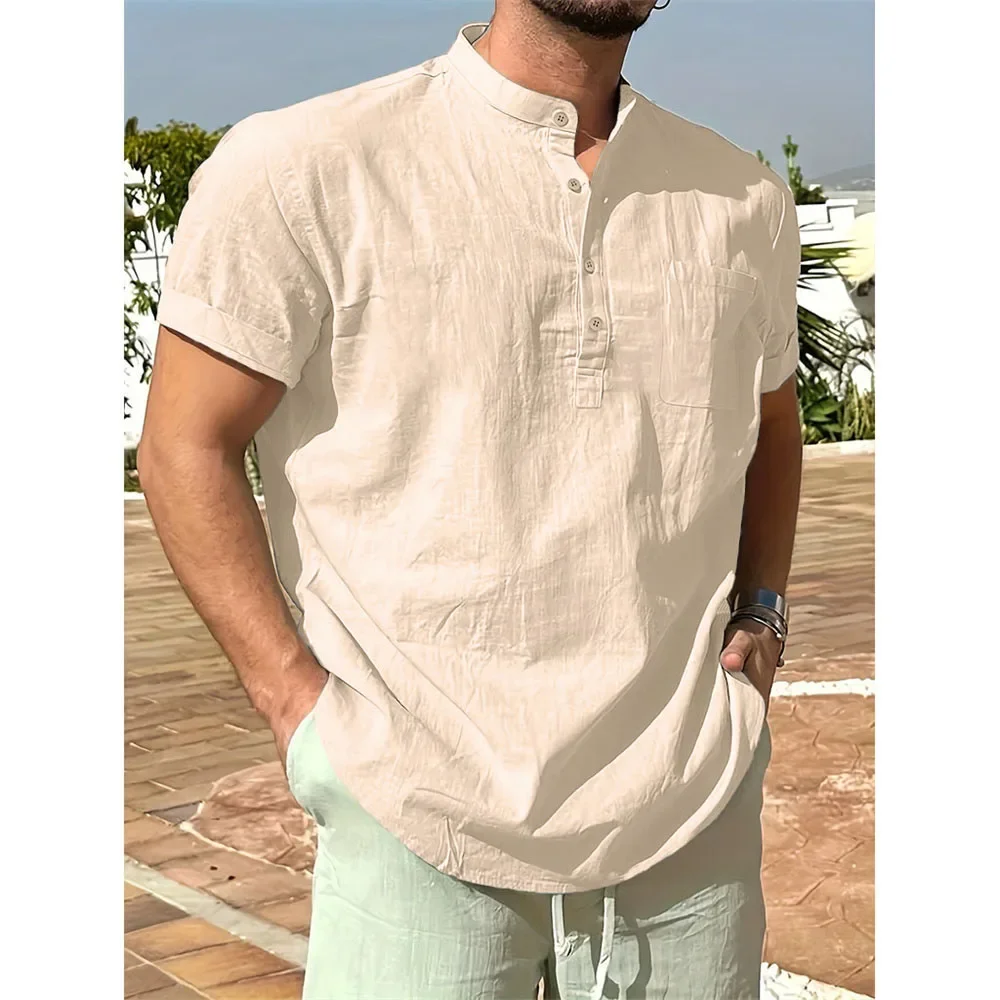 Summer Hot Sale Men's Cotton Linen T-shirt Henley Neck Casual Breathable Lightweight Solid Color Pocket Fashion Button Tops