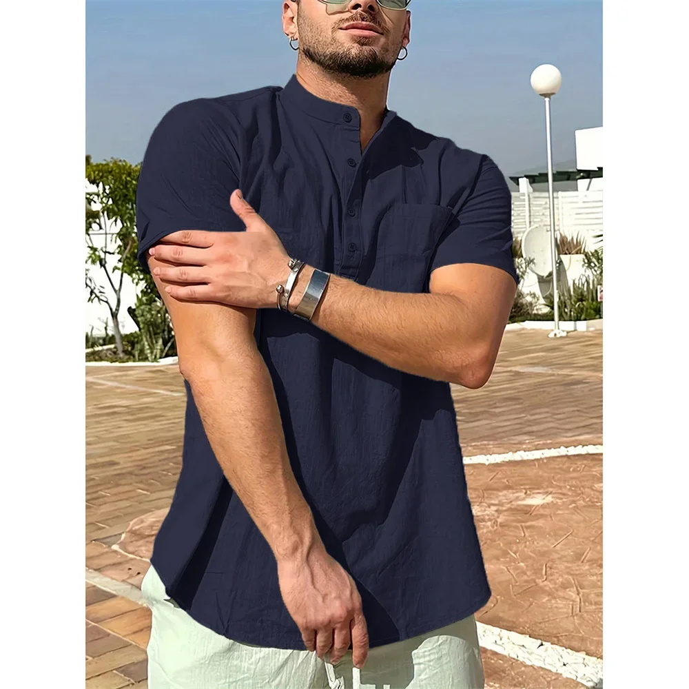 Summer Hot Sale Men's Cotton Linen T-shirt Henley Neck Casual Breathable Lightweight Solid Color Pocket Fashion Button Tops