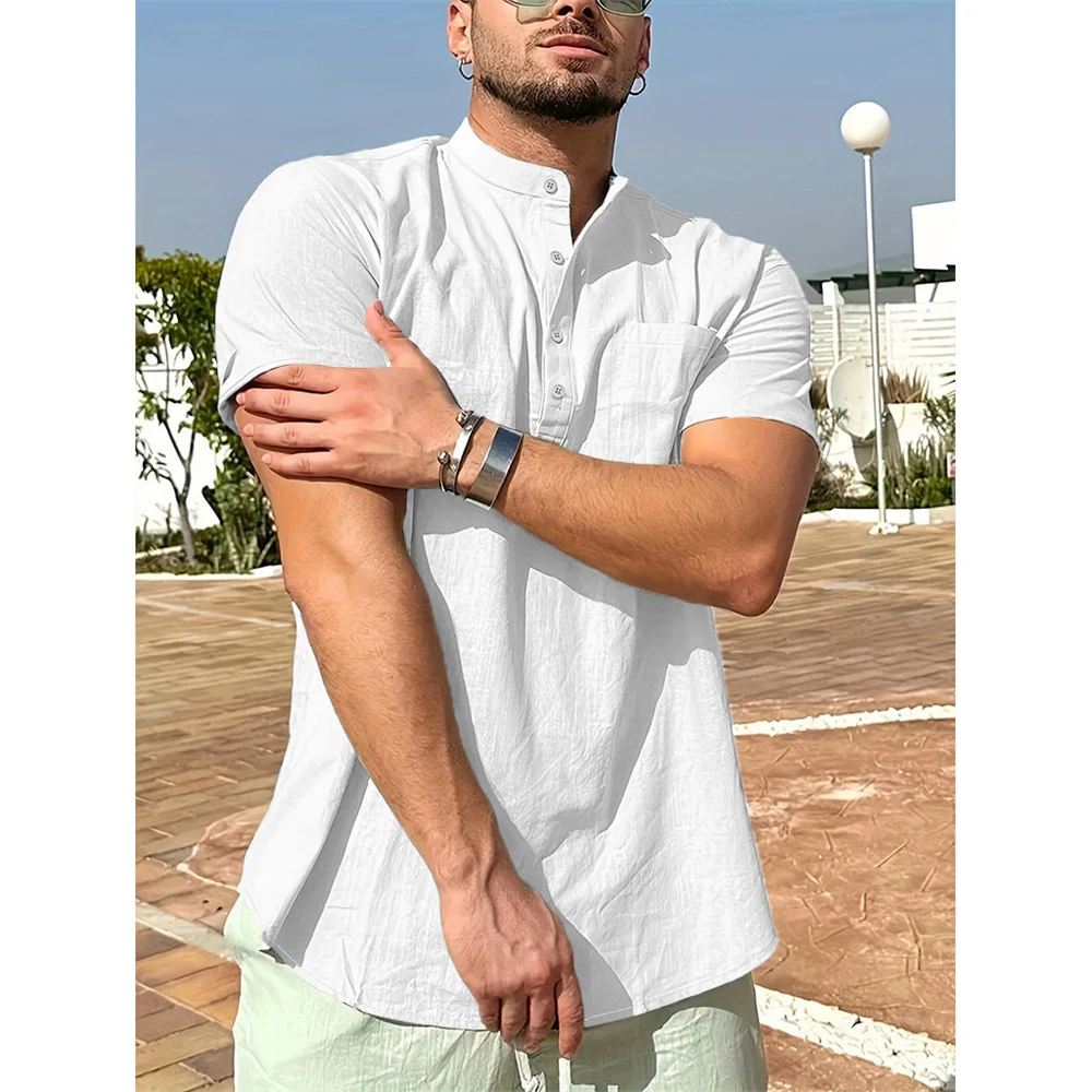 Summer Hot Sale Men's Cotton Linen T-shirt Henley Neck Casual Breathable Lightweight Solid Color Pocket Fashion Button Tops