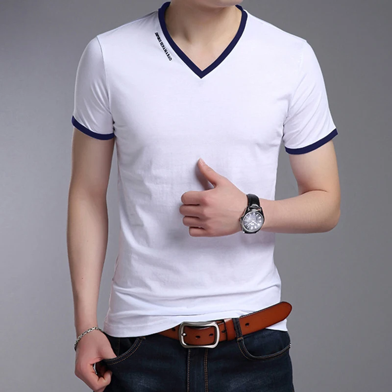 Men's Casual and Fashionable Solid Color V-neck Short Sleeved T-shirt with Letter Print Summer Versatile and Comfortable Top