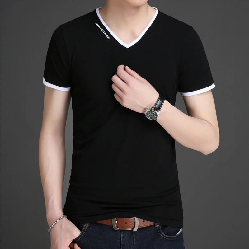Men's Casual and Fashionable Solid Color V-neck Short Sleeved T-shirt with Letter Print Summer Versatile and Comfortable Top