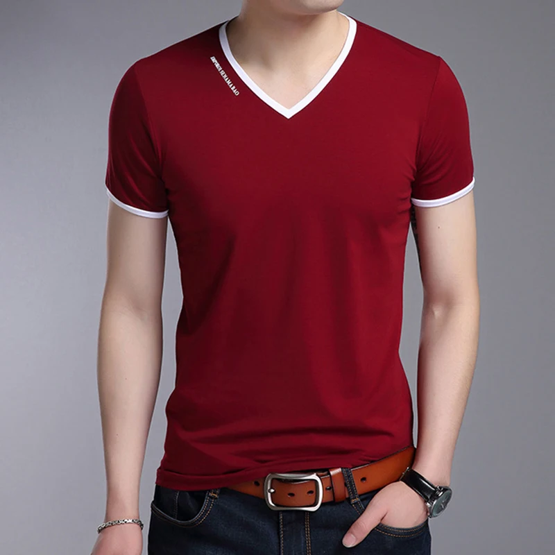 Men's Casual and Fashionable Solid Color V-neck Short Sleeved T-shirt with Letter Print Summer Versatile and Comfortable Top