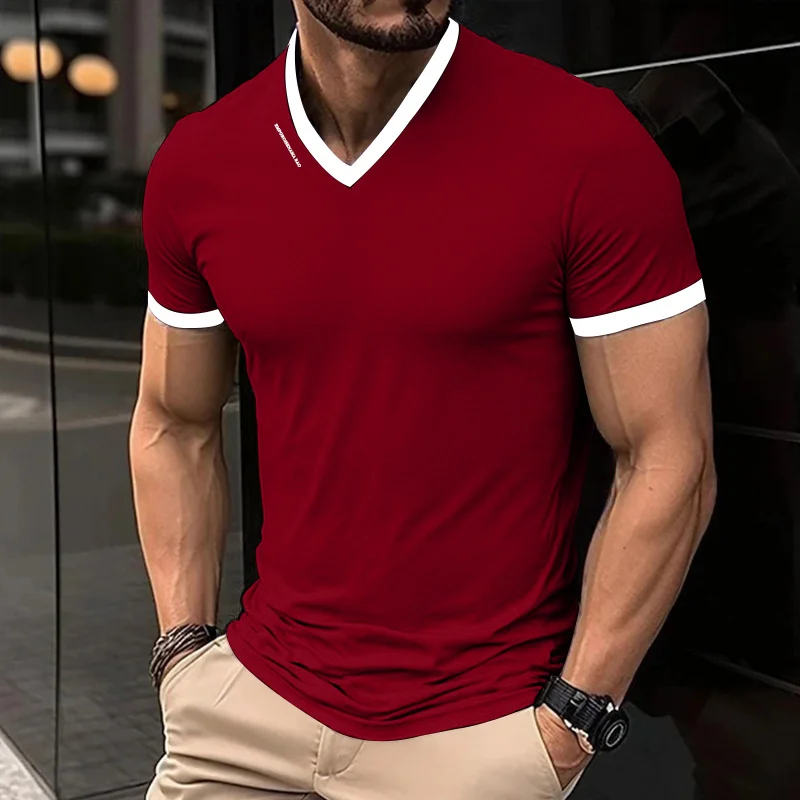 Men's Casual and Fashionable Solid Color V-neck Short Sleeved T-shirt with Letter Print Summer Versatile and Comfortable Top