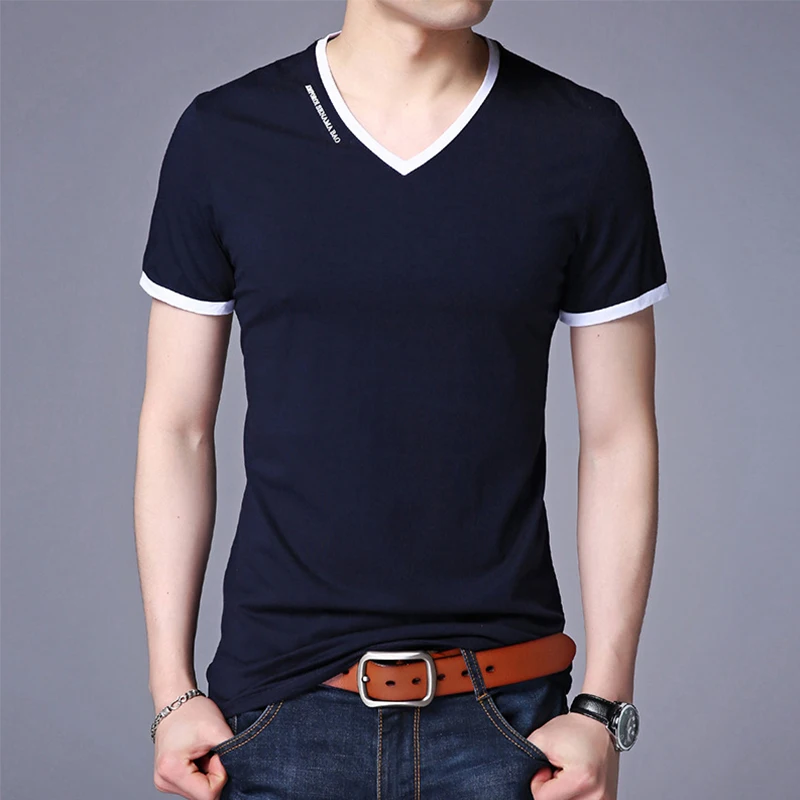 Men's Casual and Fashionable Solid Color V-neck Short Sleeved T-shirt with Letter Print Summer Versatile and Comfortable Top
