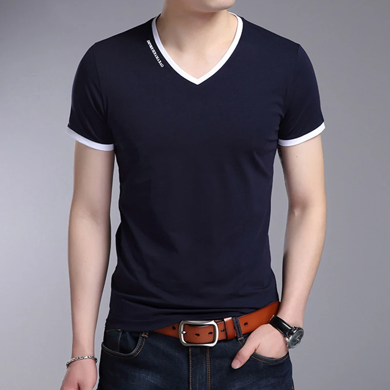 Men's Casual and Fashionable Solid Color V-neck Short Sleeved T-shirt with Letter Print Summer Versatile and Comfortable Top