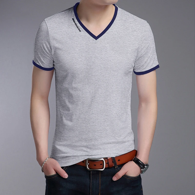 Men's Casual and Fashionable Solid Color V-neck Short Sleeved T-shirt with Letter Print Summer Versatile and Comfortable Top