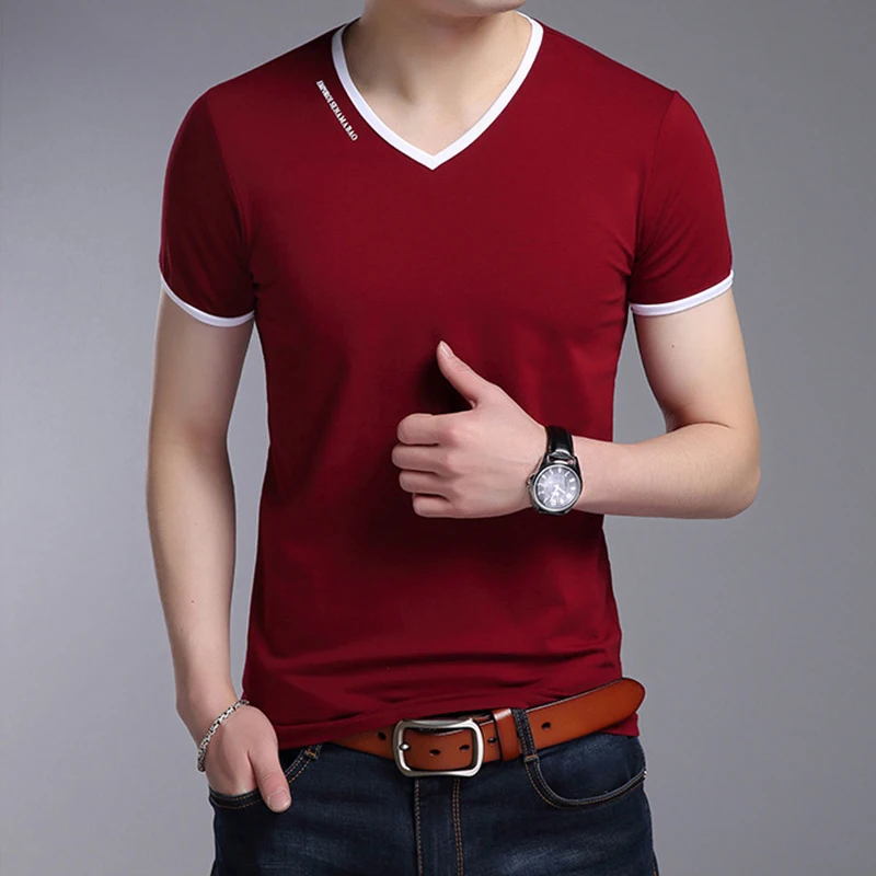 Men's Casual and Fashionable Solid Color V-neck Short Sleeved T-shirt with Letter Print Summer Versatile and Comfortable Top