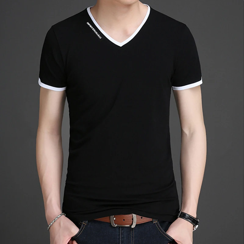 Men's Casual and Fashionable Solid Color V-neck Short Sleeved T-shirt with Letter Print Summer Versatile and Comfortable Top