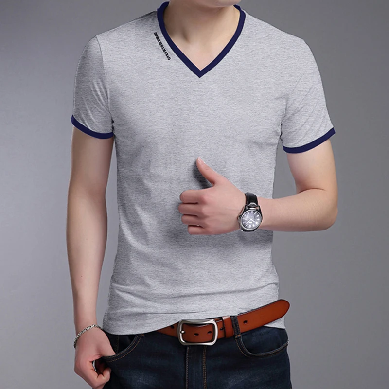 Men's Casual and Fashionable Solid Color V-neck Short Sleeved T-shirt with Letter Print Summer Versatile and Comfortable Top