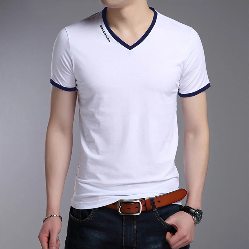 Men's Casual and Fashionable Solid Color V-neck Short Sleeved T-shirt with Letter Print Summer Versatile and Comfortable Top