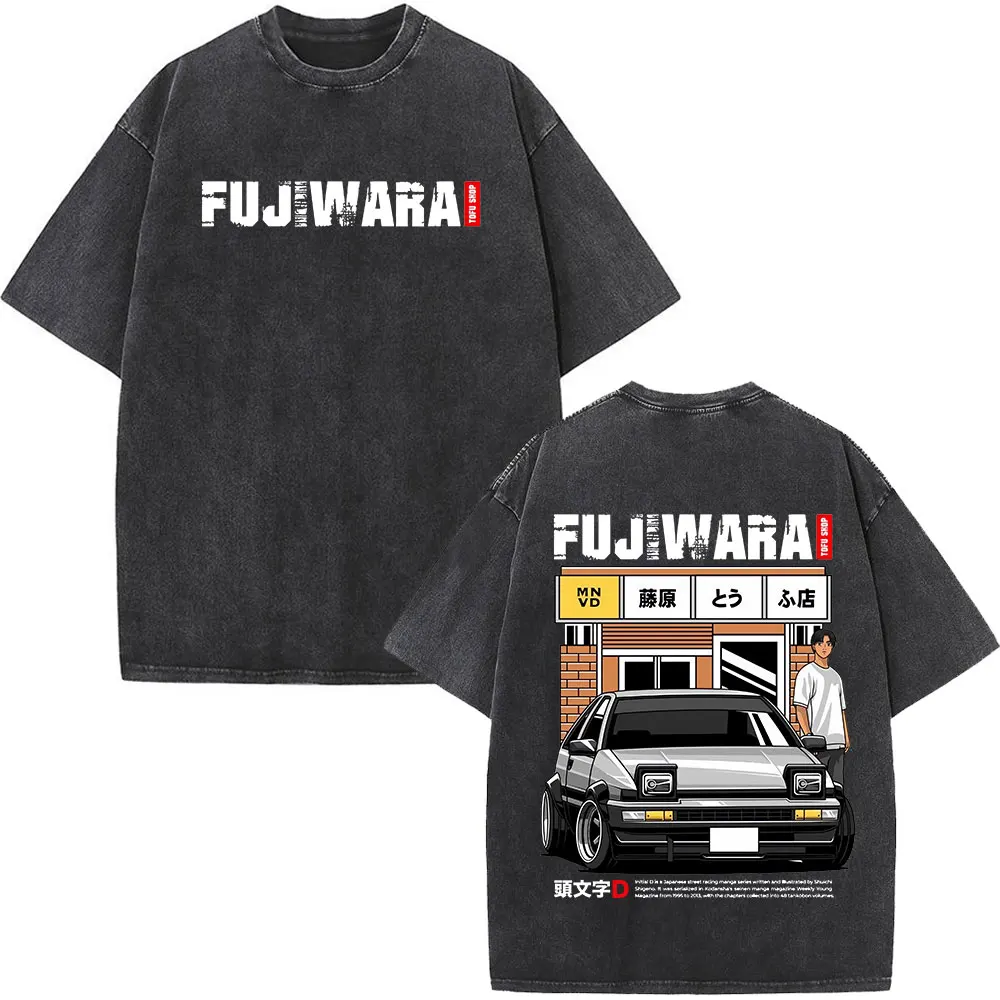 Anime Initial D Drift AE86 Washed Vintage Print T-shirt RX-7 R34 Skyline GTR JDM T-shirts Men's Harajuku Cozy Oversized T Shirts