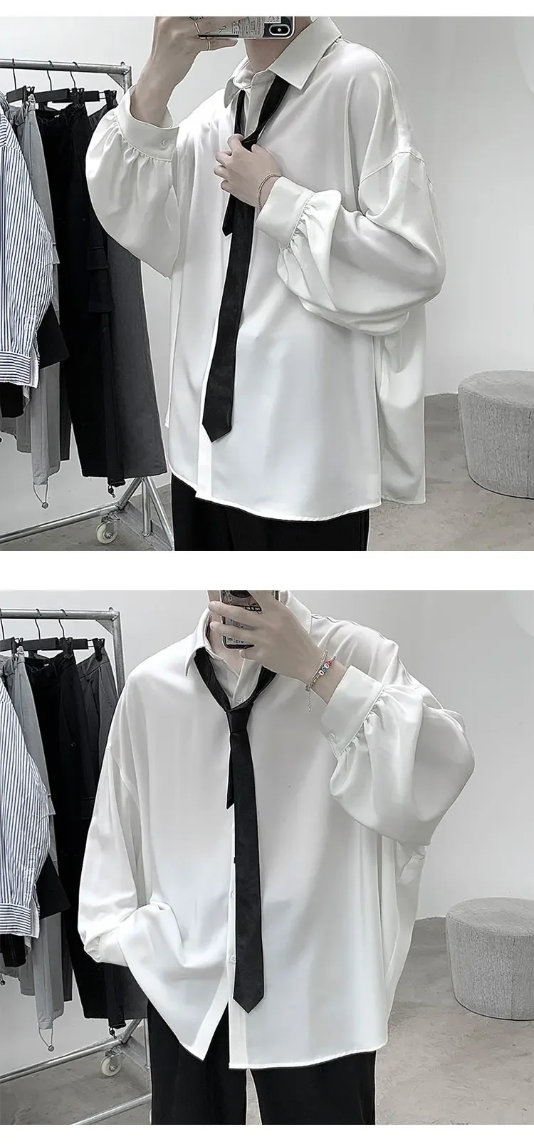 Korean Style Men's Long-sleeved Shirts Black Tie Cozy Casual Solid Oversize Blouses Breathable Loose Shirt Harajuku Male Clothes