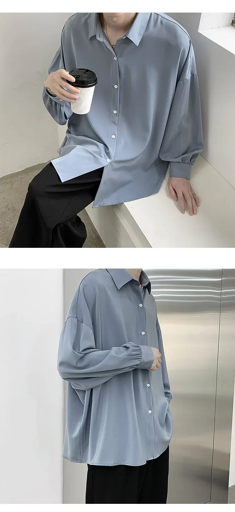 Korean Style Men's Long-sleeved Shirts Black Tie Cozy Casual Solid Oversize Blouses Breathable Loose Shirt Harajuku Male Clothes