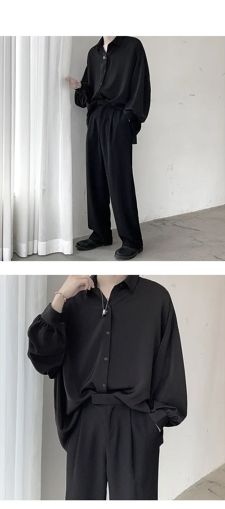 Korean Style Men's Long-sleeved Shirts Black Tie Cozy Casual Solid Oversize Blouses Breathable Loose Shirt Harajuku Male Clothes