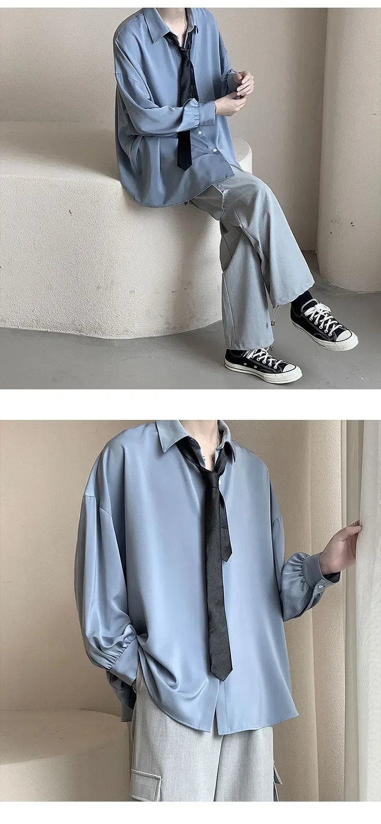 Korean Style Men's Long-sleeved Shirts Black Tie Cozy Casual Solid Oversize Blouses Breathable Loose Shirt Harajuku Male Clothes