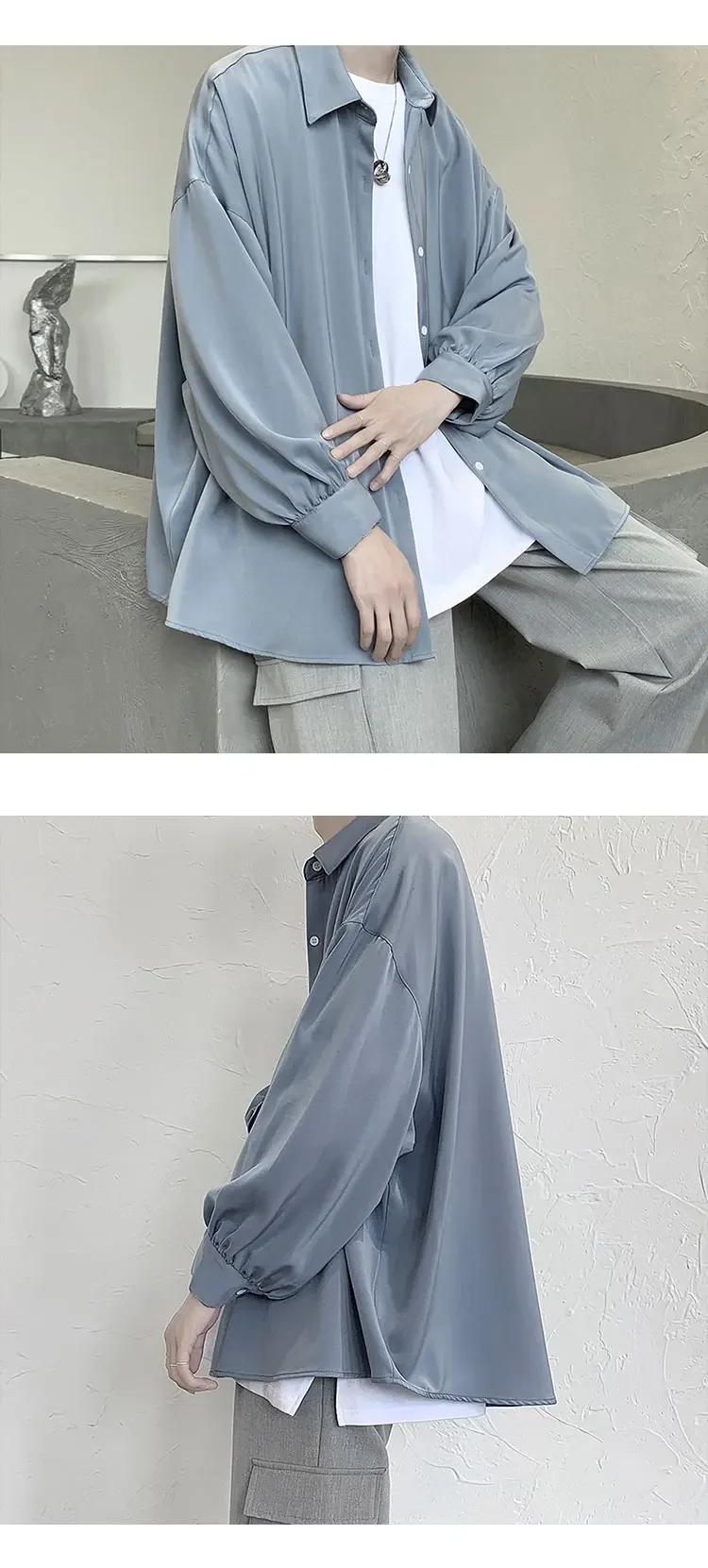 Korean Style Men's Long-sleeved Shirts Black Tie Cozy Casual Solid Oversize Blouses Breathable Loose Shirt Harajuku Male Clothes
