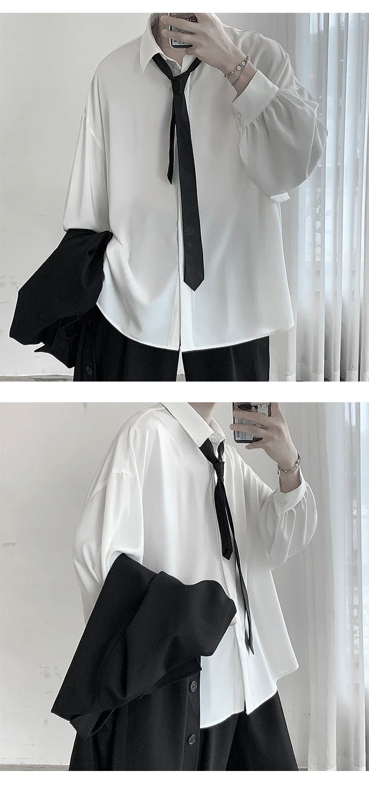 Korean Style Men's Long-sleeved Shirts Black Tie Cozy Casual Solid Oversize Blouses Breathable Loose Shirt Harajuku Male Clothes