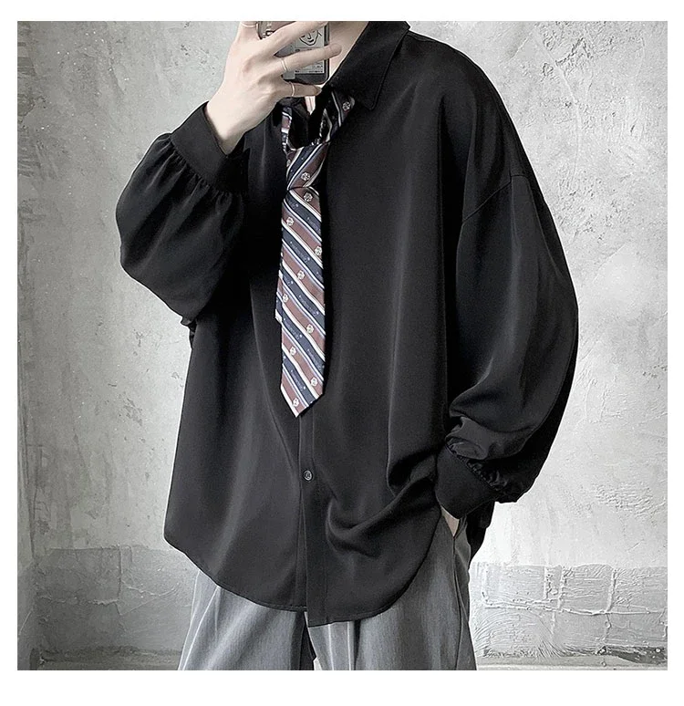 Korean Style Men's Long-sleeved Shirts Black Tie Cozy Casual Solid Oversize Blouses Breathable Loose Shirt Harajuku Male Clothes