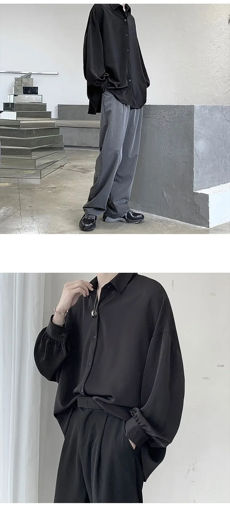 Korean Style Men's Long-sleeved Shirts Black Tie Cozy Casual Solid Oversize Blouses Breathable Loose Shirt Harajuku Male Clothes