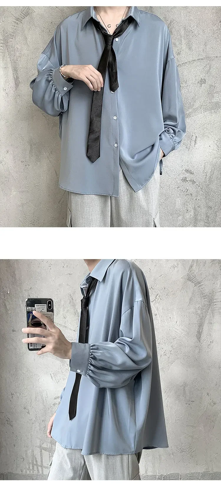 Korean Style Men's Long-sleeved Shirts Black Tie Cozy Casual Solid Oversize Blouses Breathable Loose Shirt Harajuku Male Clothes