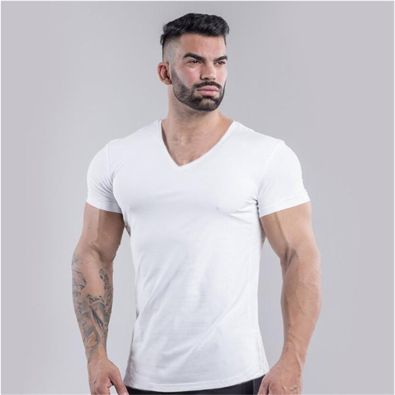 Plain Cotton Gym T-shirt Men Summer Fitness Clothing V-Neck Short Sleeve T shirt Slim Fit Tshirt Bodybuilding Workout Tees Tops