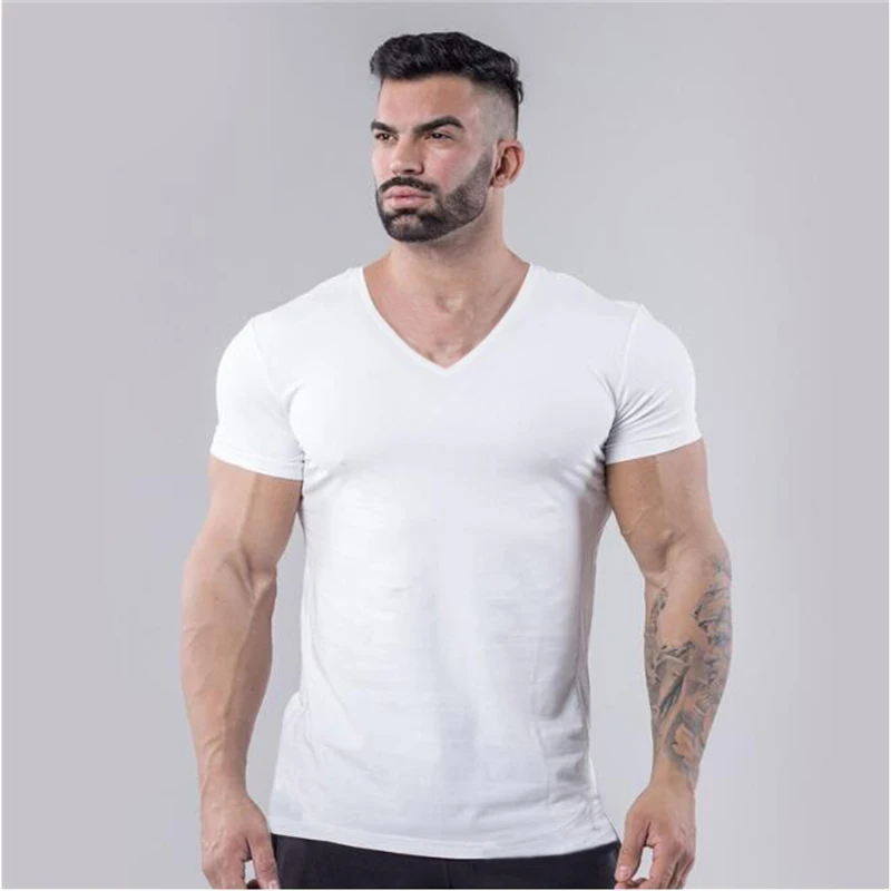 Plain Cotton Gym T-shirt Men Summer Fitness Clothing V-Neck Short Sleeve T shirt Slim Fit Tshirt Bodybuilding Workout Tees Tops