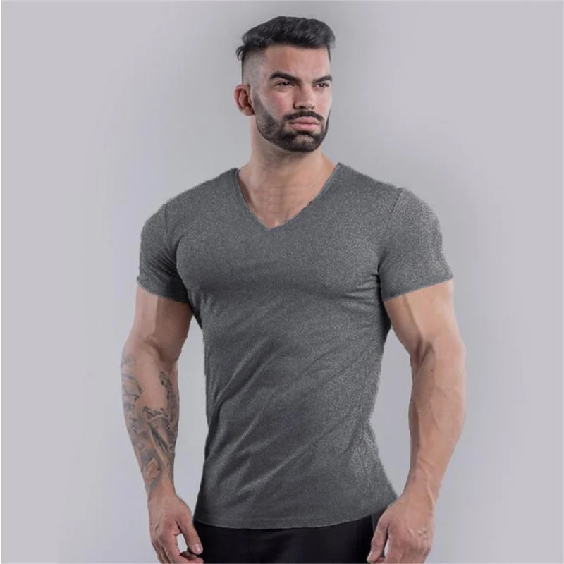 Plain Cotton Gym T-shirt Men Summer Fitness Clothing V-Neck Short Sleeve T shirt Slim Fit Tshirt Bodybuilding Workout Tees Tops