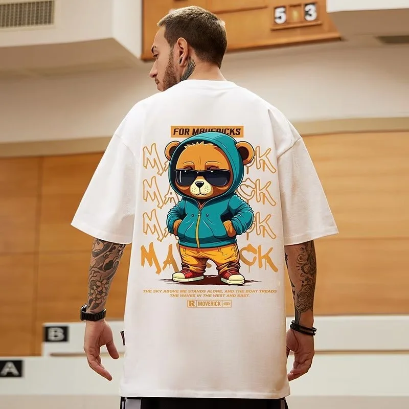 M-8XL Men T-Shirt Oversize Loose Fashion American Vintage Sunglasses Bear Print T-Shirt Simple Casual Tops Summer Lovers'clothes