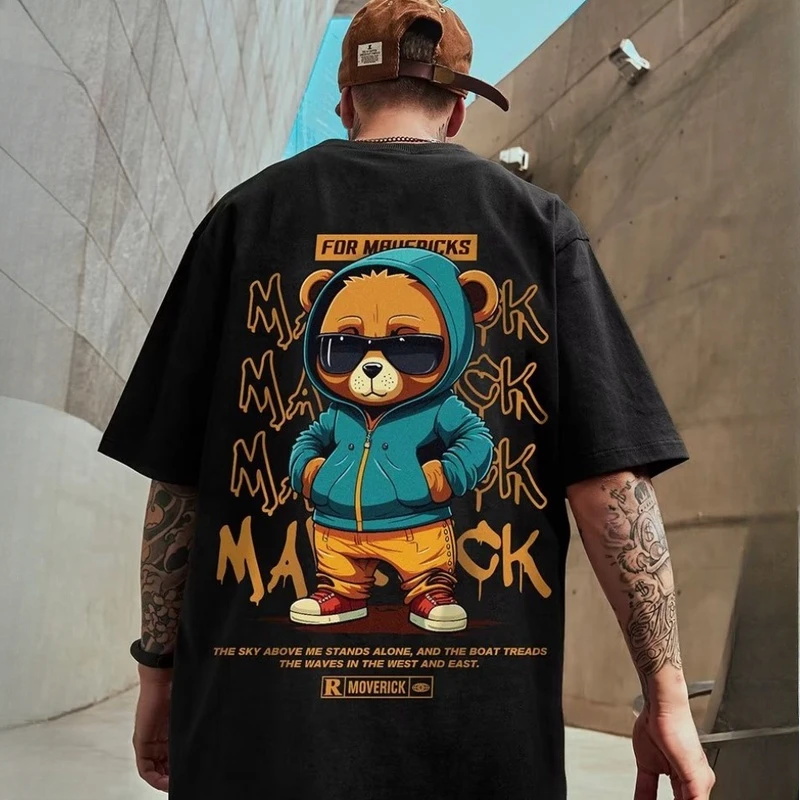 M-8XL Men T-Shirt Oversize Loose Fashion American Vintage Sunglasses Bear Print T-Shirt Simple Casual Tops Summer Lovers'clothes