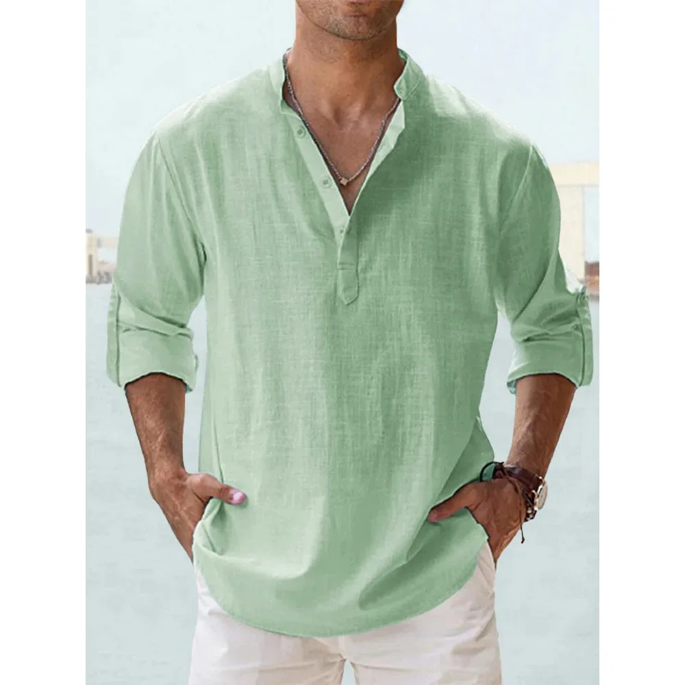 Cotton Linen Hot Sale Men's Long Sleeve Shirts Summer Solid Color Henley Collar Casual Beach Style Hawaiian Vacation