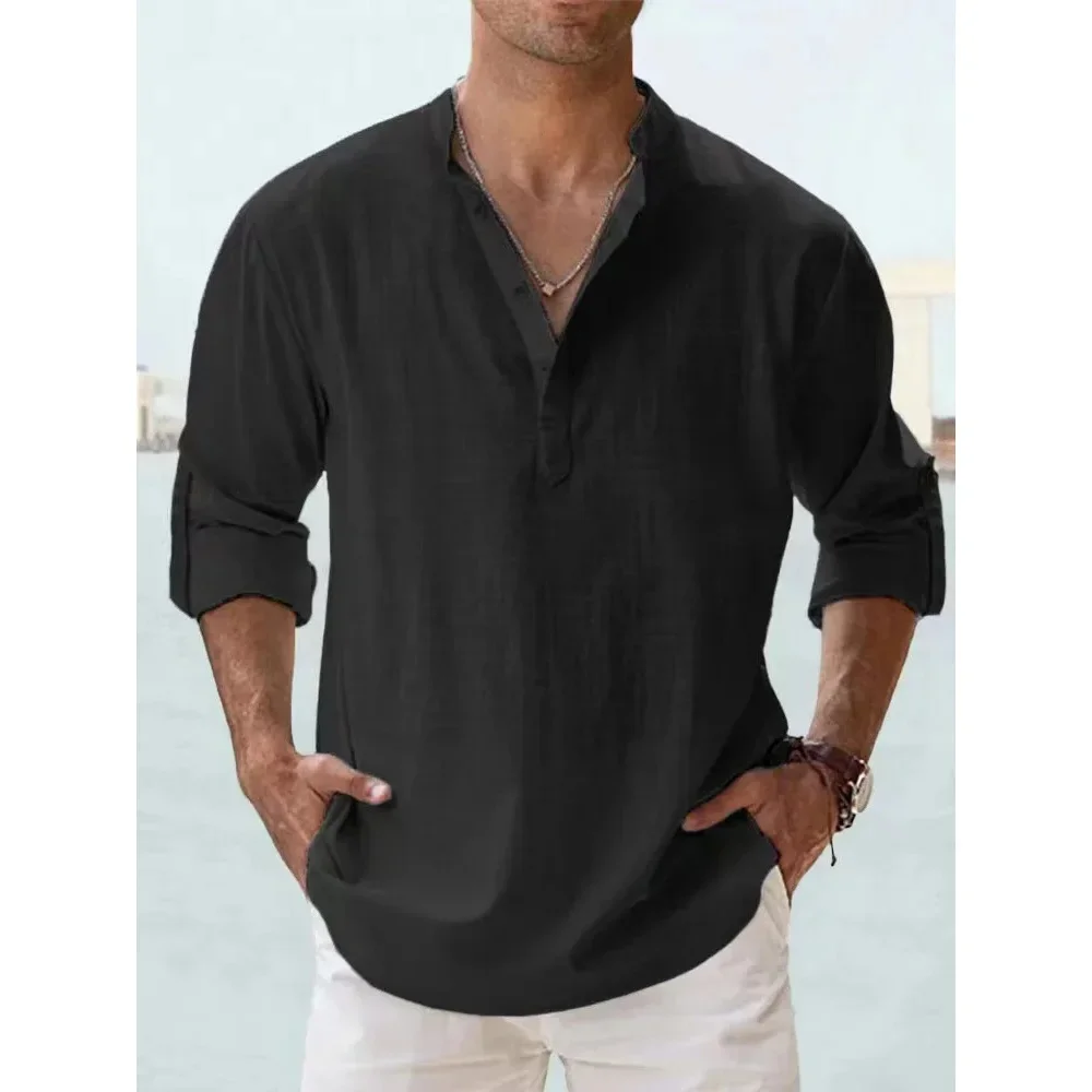 Cotton Linen Hot Sale Men's Long Sleeve Shirts Summer Solid Color Henley Collar Casual Beach Style Hawaiian Vacation