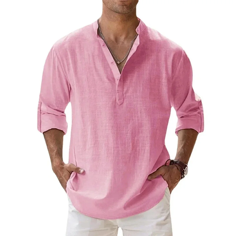 Cotton Linen Hot Sale Men's Long Sleeve Shirts Summer Solid Color Henley Collar Casual Beach Style Hawaiian Vacation