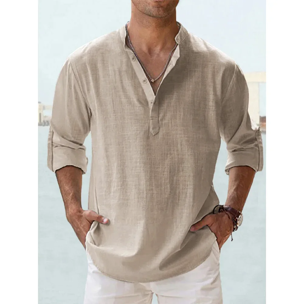 Cotton Linen Hot Sale Men's Long Sleeve Shirts Summer Solid Color Henley Collar Casual Beach Style Hawaiian Vacation