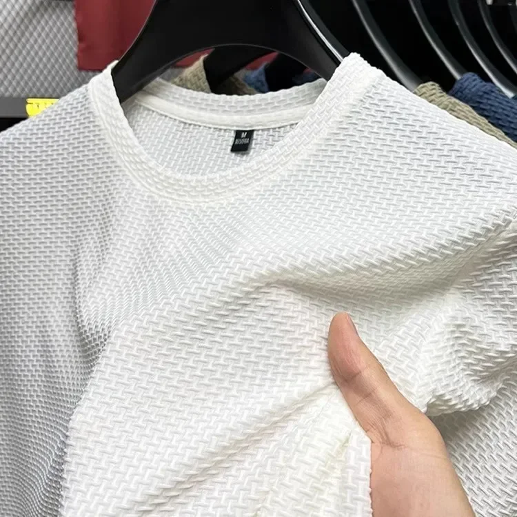 Summer Mesh Ice Silk T-shirt Men's Short Sleeve Round Neck 2026 New Half Sleeve Men Thin Solid Color Tees Top
