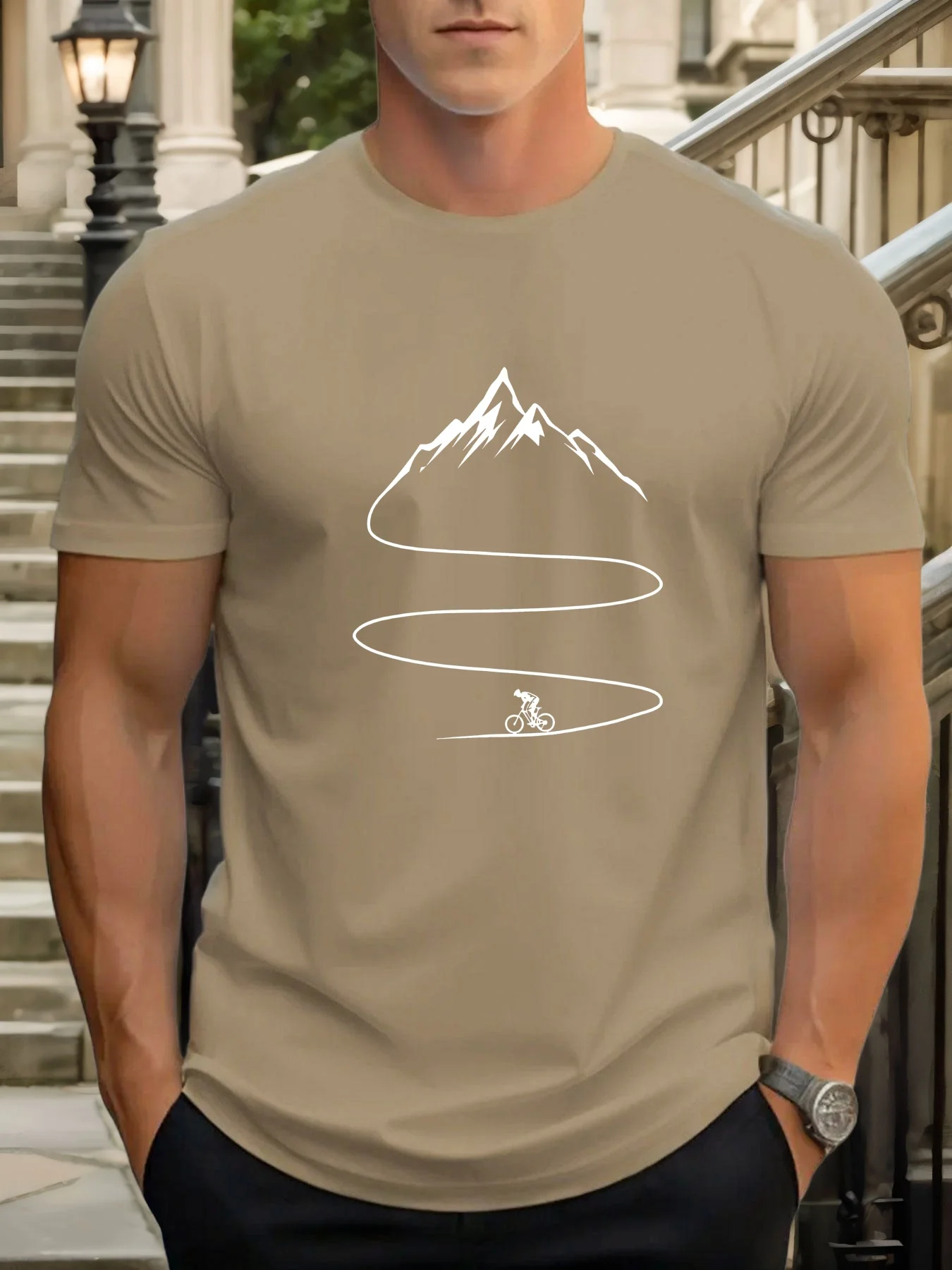 Men's Summer 100% Cotton Fashion Bicycle Mountaineering Pattern Printed Casual Loose Sports Round Neck Short Sleeve T-shirt Top