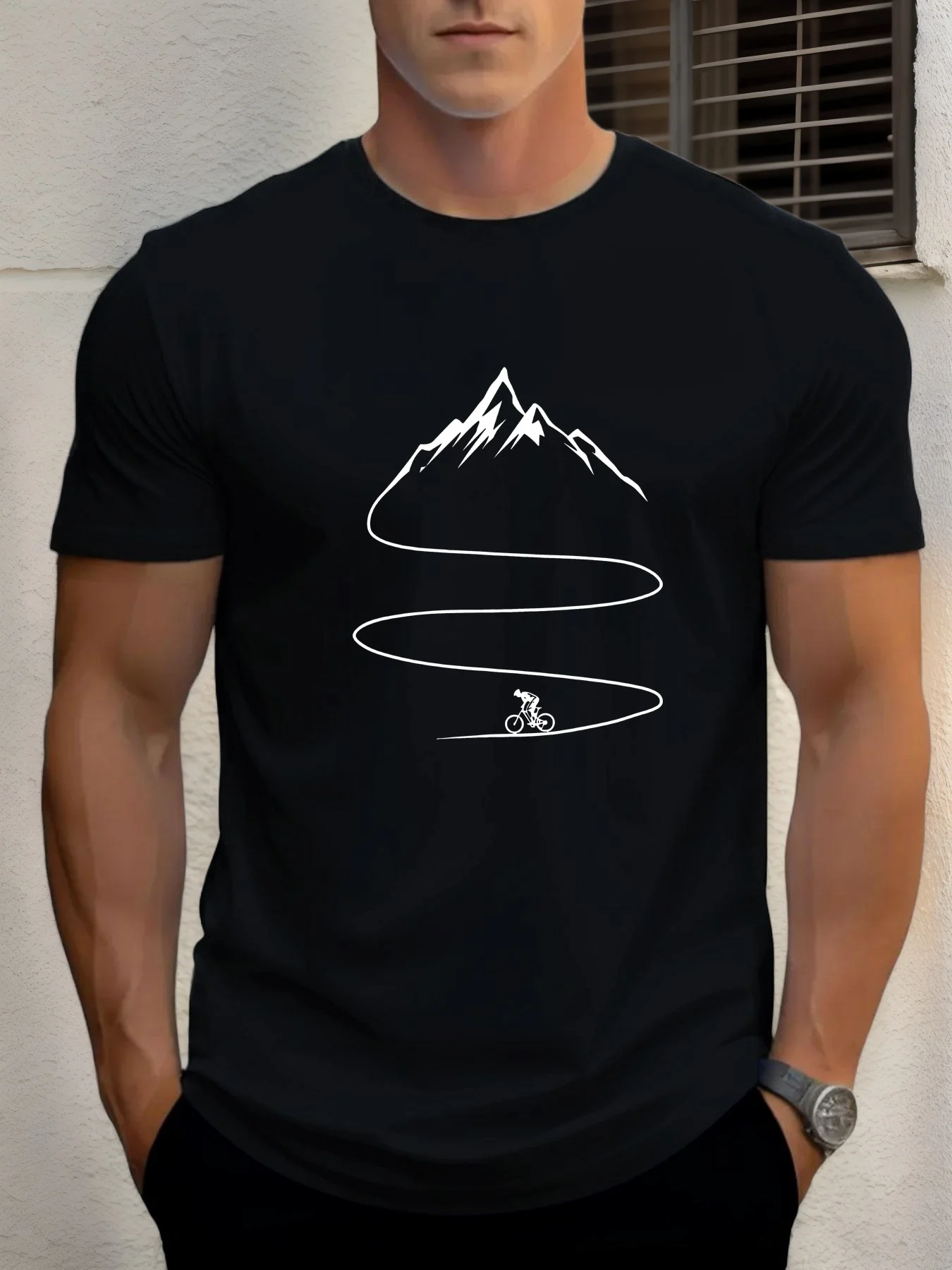 Men's Summer 100% Cotton Fashion Bicycle Mountaineering Pattern Printed Casual Loose Sports Round Neck Short Sleeve T-shirt Top