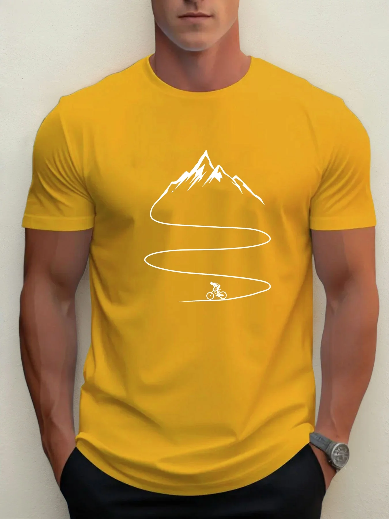 Men's Summer 100% Cotton Fashion Bicycle Mountaineering Pattern Printed Casual Loose Sports Round Neck Short Sleeve T-shirt Top