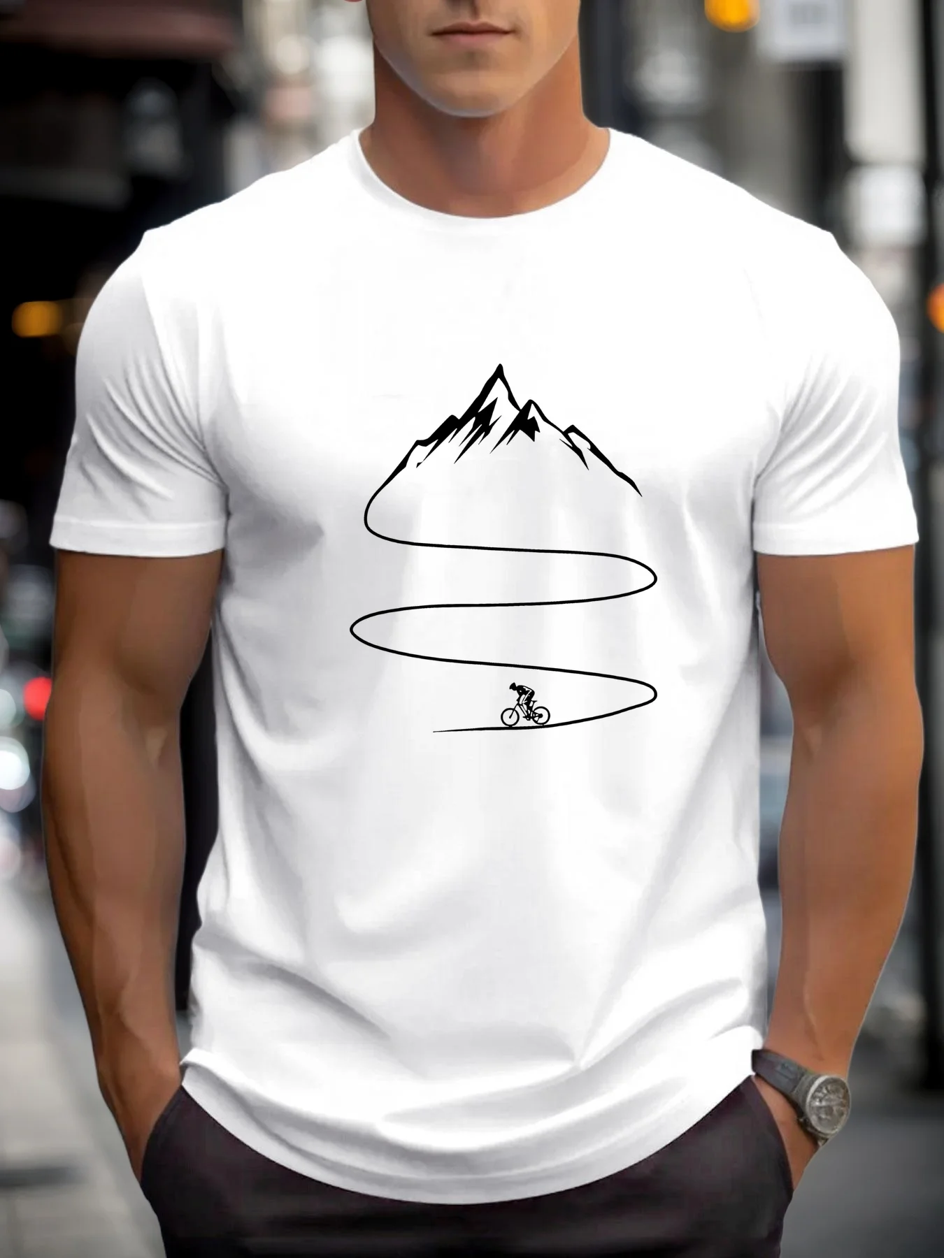 Men's Summer 100% Cotton Fashion Bicycle Mountaineering Pattern Printed Casual Loose Sports Round Neck Short Sleeve T-shirt Top