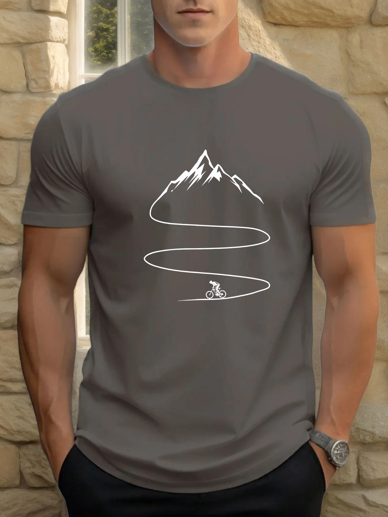 Men's Summer 100% Cotton Fashion Bicycle Mountaineering Pattern Printed Casual Loose Sports Round Neck Short Sleeve T-shirt Top